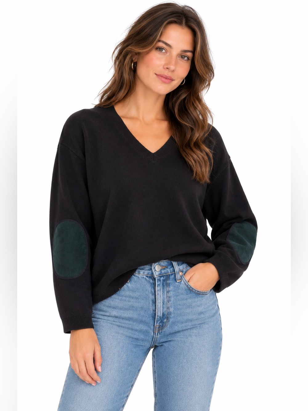 COS Cotton Cashmere V-Neck Sweater Suede Elbow Patches Black Size Small